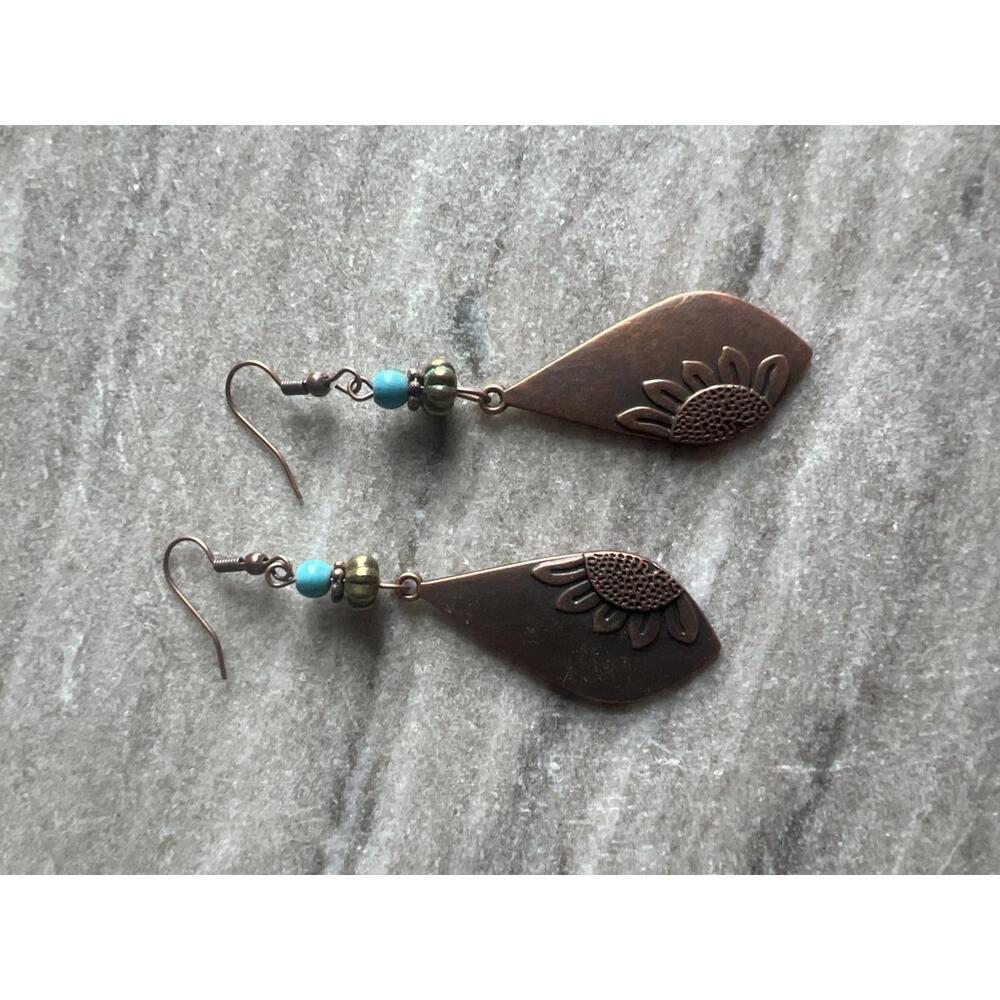 Copper Tone Sunflower Dangle Earrings with Turquoise Beads